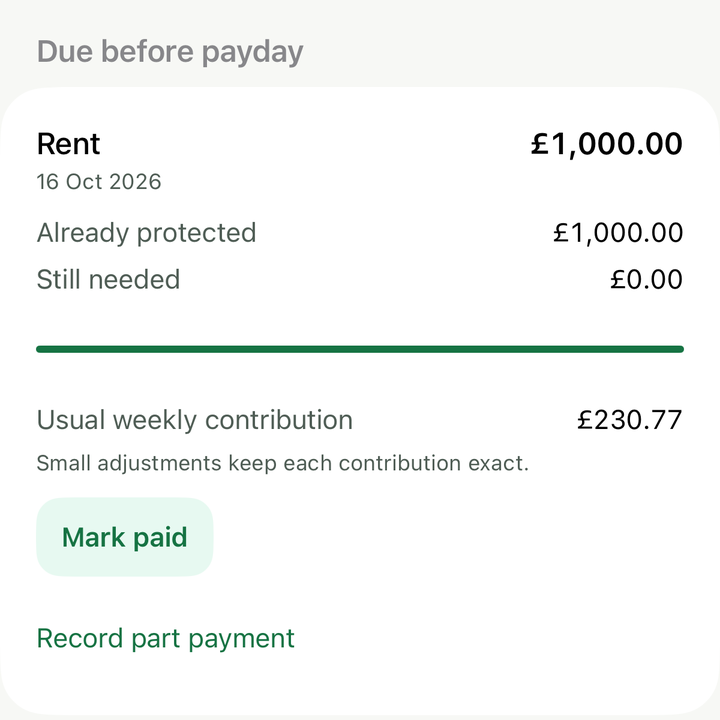 Native Rent bill card: £1,000 due, £1,000 already protected and £0 still required. Example budget.