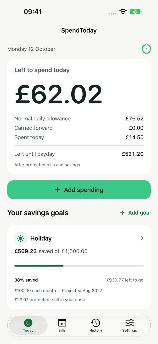 Genuine SpendToday Today screen showing £62.02 left to spend today, with bills and savings protected in an example budget.